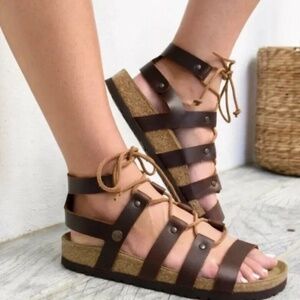 🌻😎- NEW !! Birkenstock Papillio Cleo Gladiator Sandals Brown Leather EU 39 U…